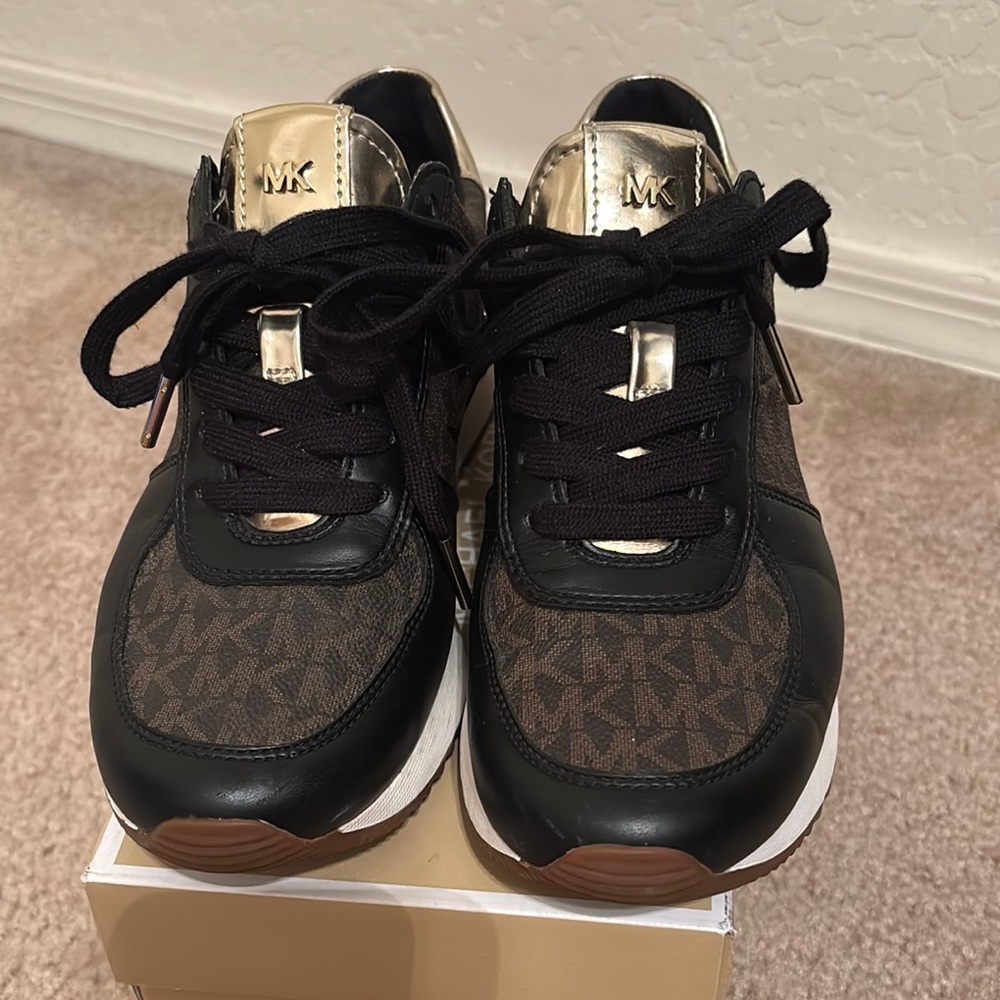 Michael Kors Black and Brown Sneakers with Gold Accents